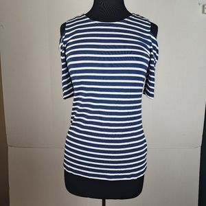 Vince Camuto Navy and White Stripes Cold Shoulder Key Hole Top